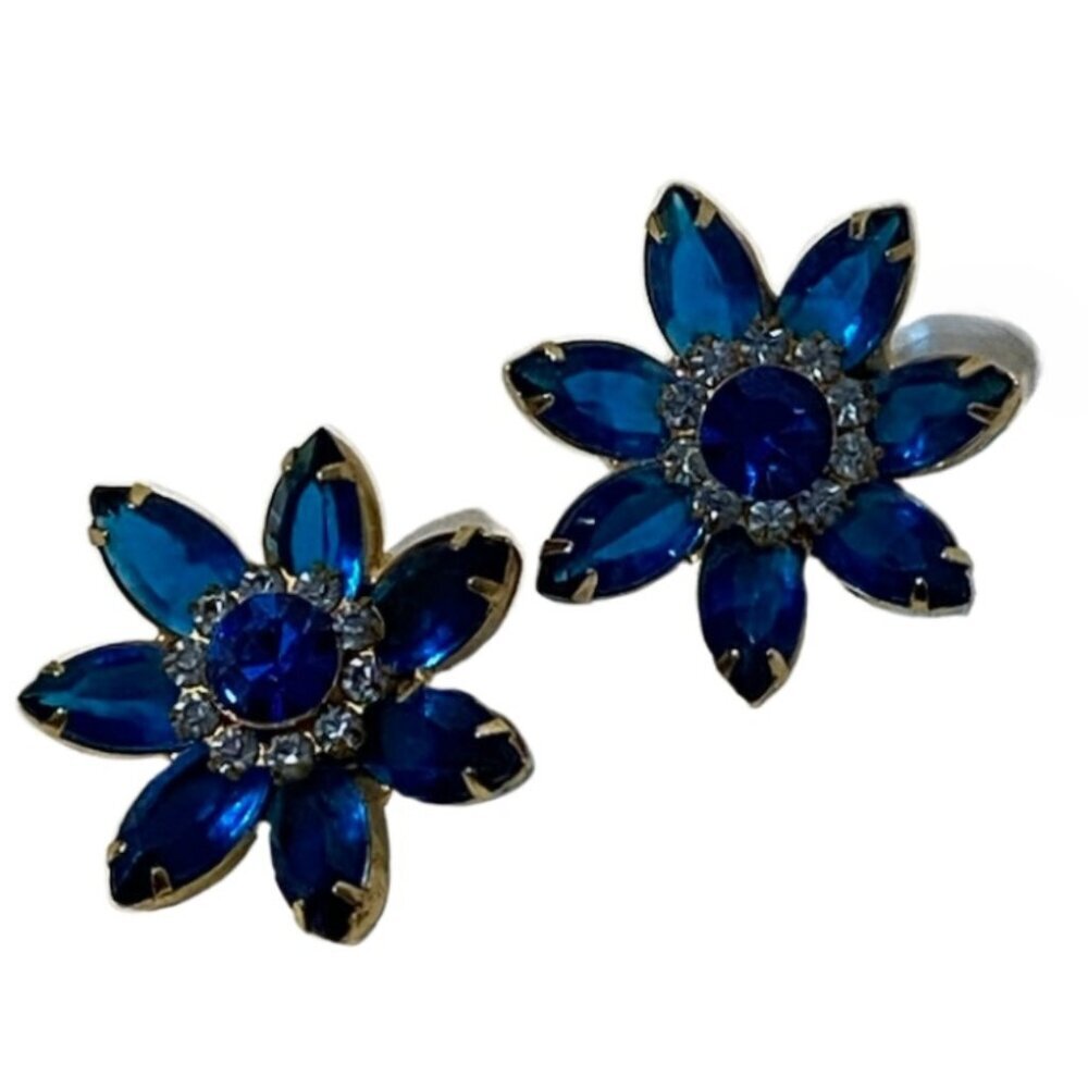 VINTAGE Juliana DeLizza Elster Blue Rhinestone Daisy Floral Clip On Earrings VTG
